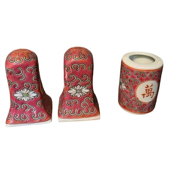3 pc Vintage Asian Ceramic Salt & Pepper Shakers Toothpick Holder Pink Floral - Picture 4 of 11